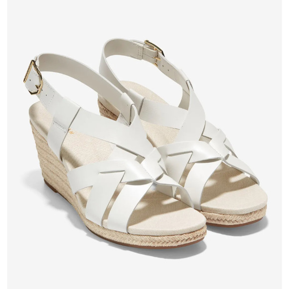 NWOT Cole Haan Crystal Leather Espadrilles Sandals 9 White Wedge Women’s - Picture 1 of 8